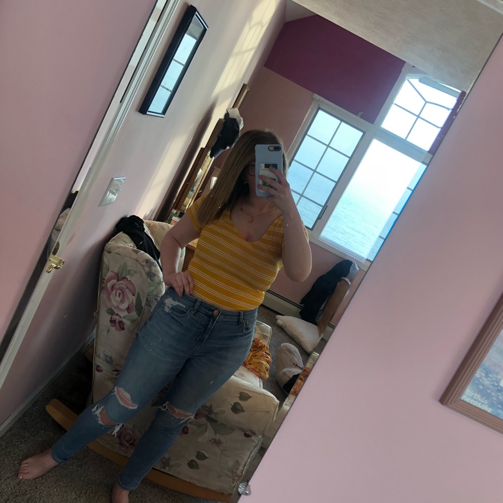 body suit, yellow with white stripes